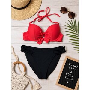 Aerie‎ Red Push Up Bow Bikini Top 34C and Black Caged Side Bottoms Medium Set